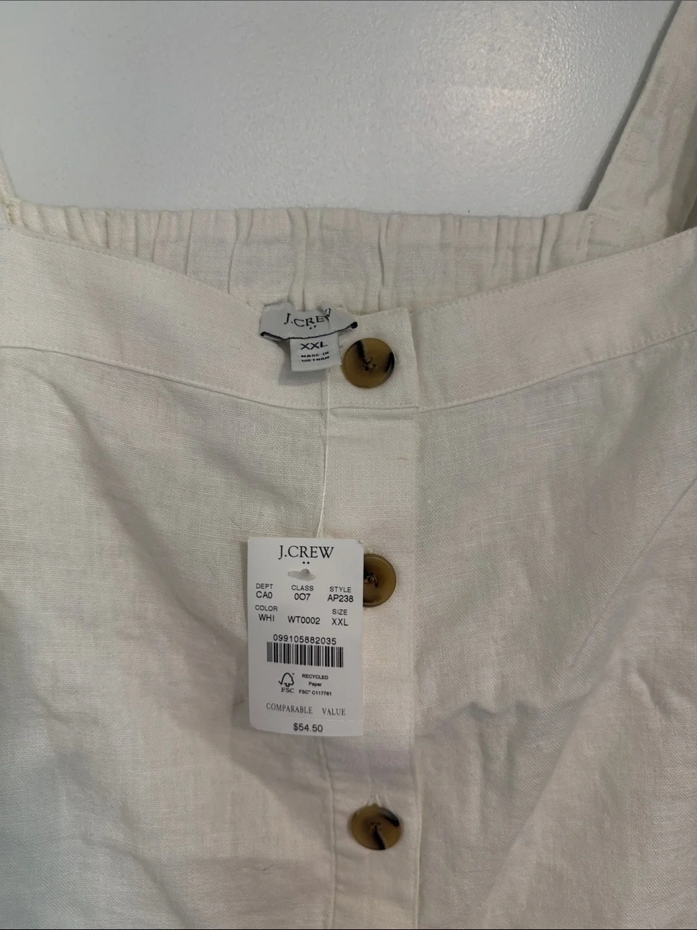 J. Crew Cream Button-Front Linen-Blend Tank Elastic Back Summer Vacation